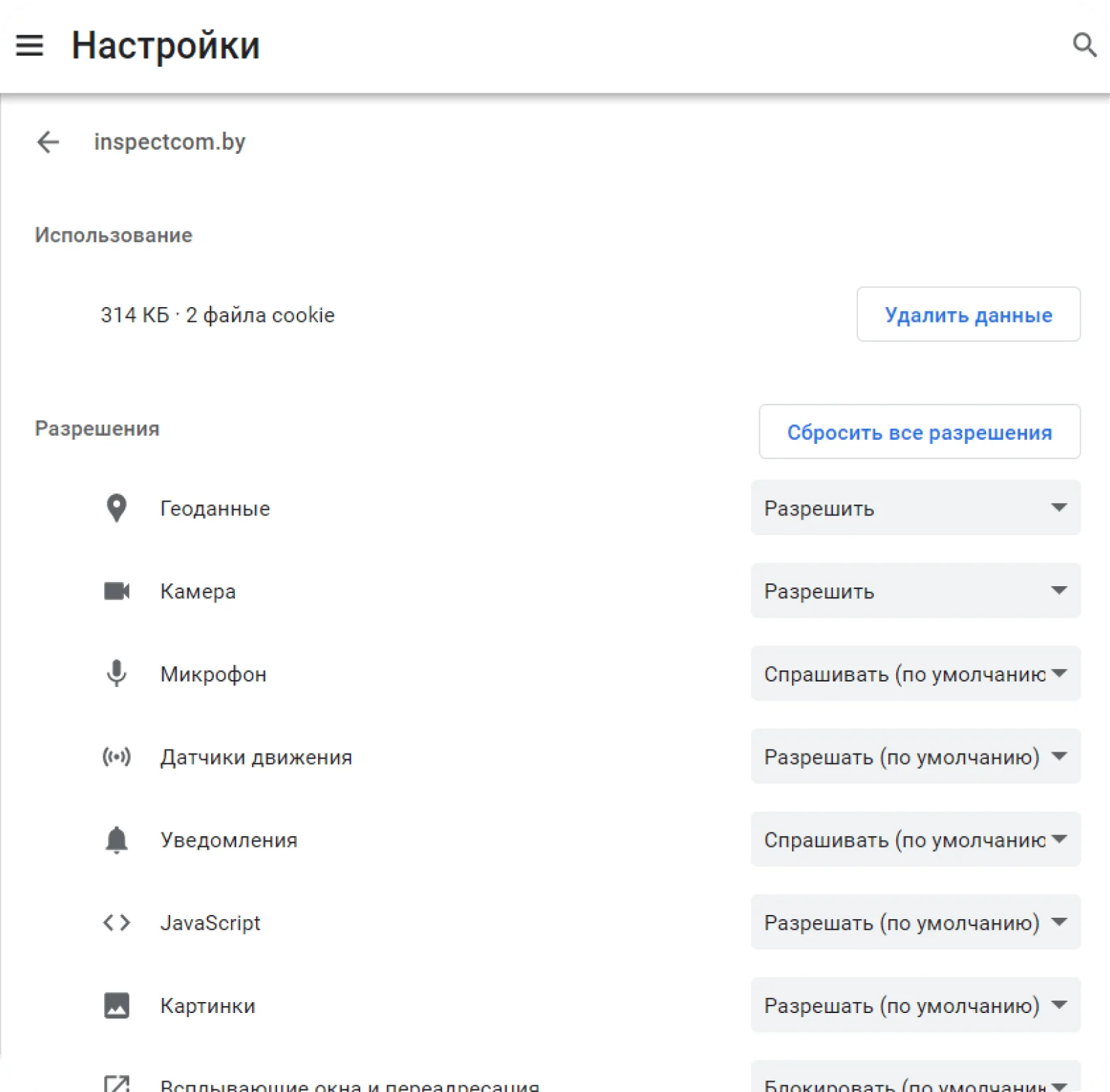 Статус разрешения камеры: разрешено